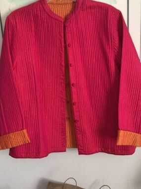 Classic Women's Reversable Quilted Silk Jacket in Fuchsia and Orange.